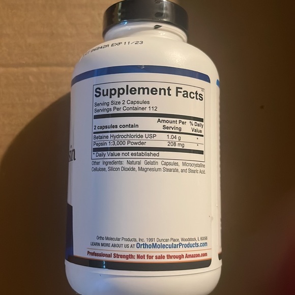 Ortho Molecular products - Betaine and pepsin gastrointestinal health 225 cap - Picture 2 of 3
